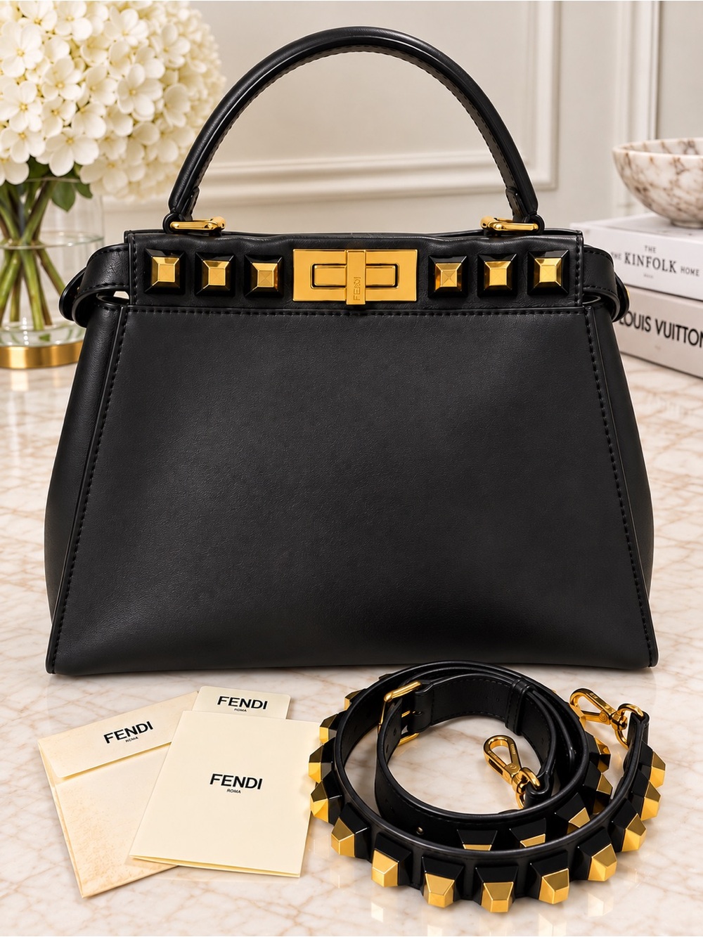FENDI Peekaboo Medium Gold Edition Black Leather Studded Bag + Strap You – Rare